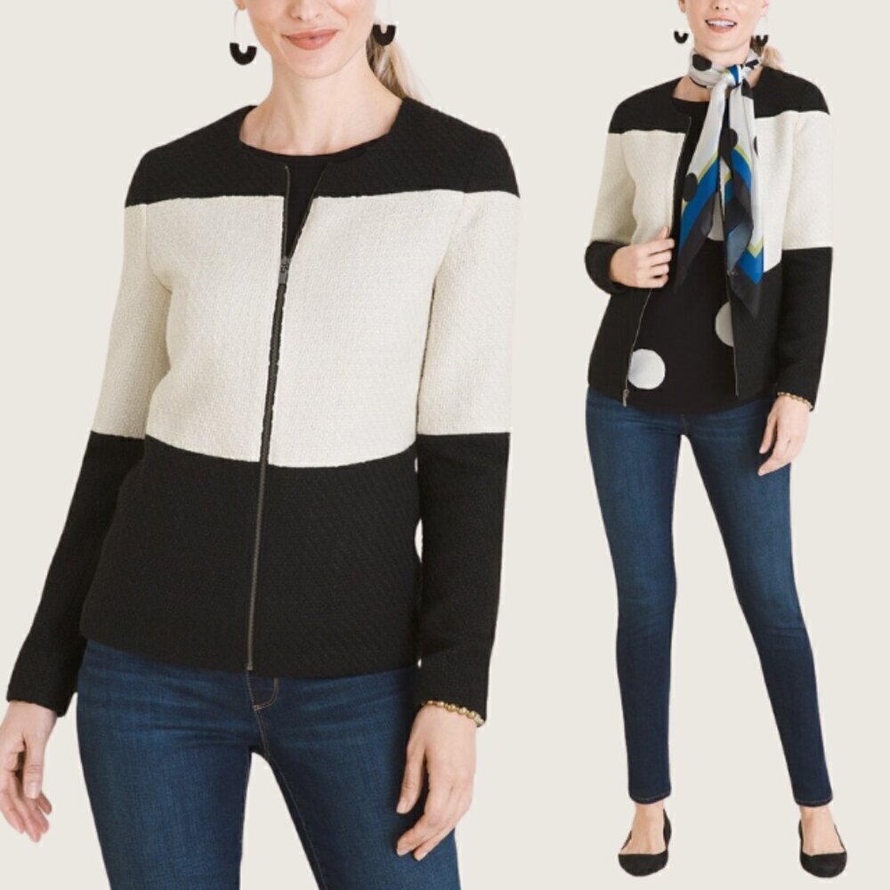 Chico's Colorblocked Tweed Jacket In White Black